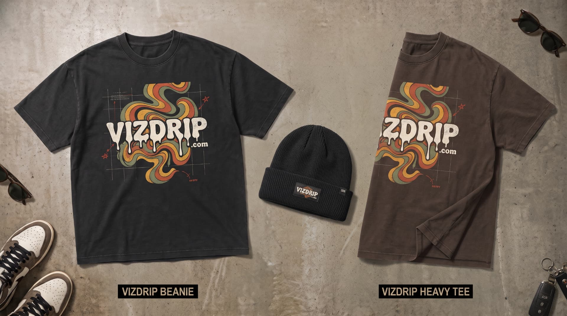 VizDrip heavy tee mockups in charcoal and brown with a black VizDrip beanie