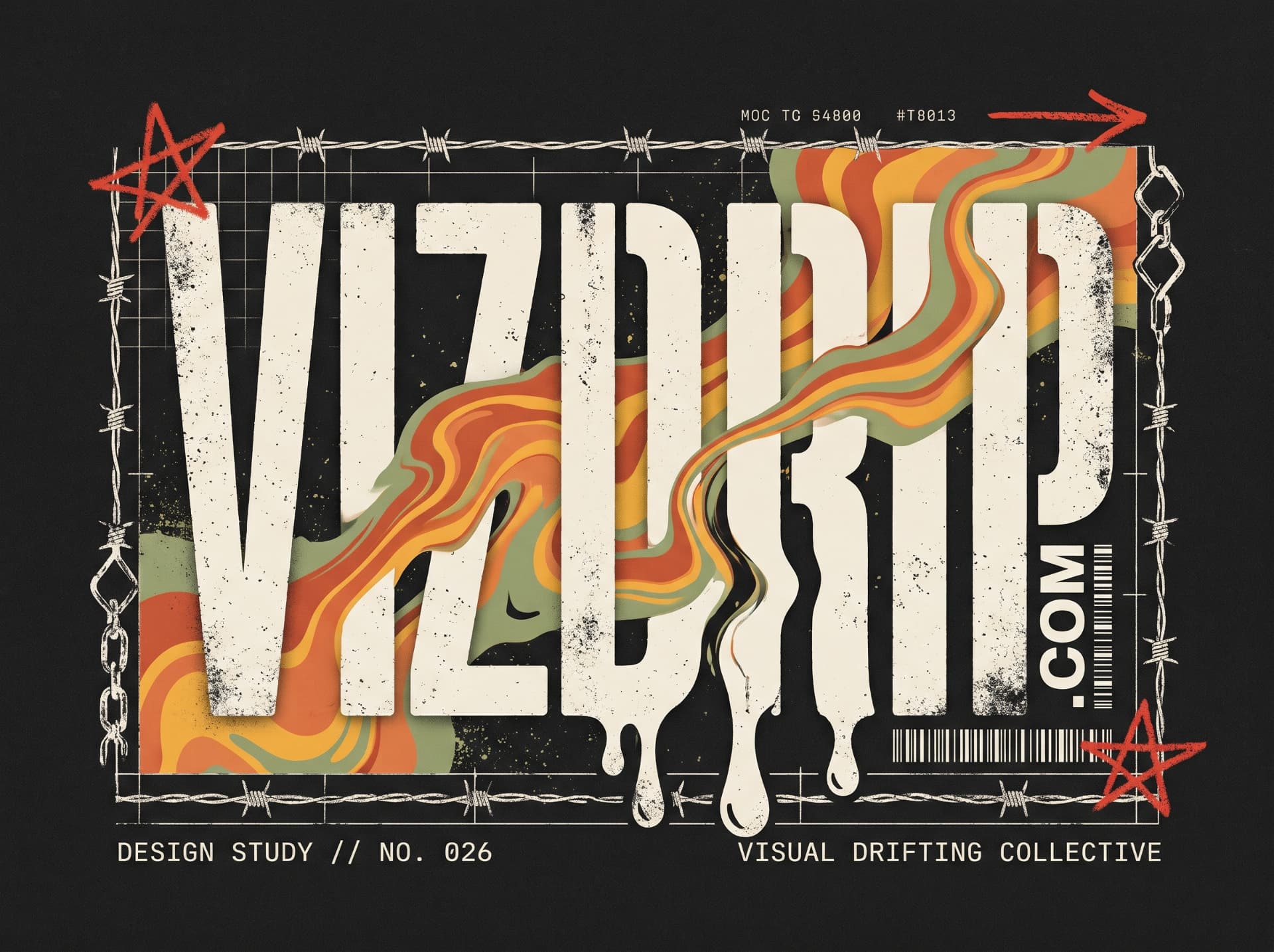 VizDrip design-study logo with distressed lettering, retro waves, barbed wire and red stars